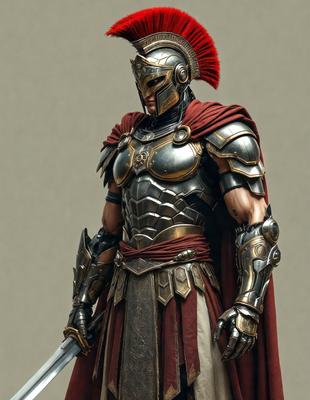 The primary subject of the image is a statue of a man wearing a suit of armor, with a red cape and a red sash. The statue is made of metal and is standing on a pedestal. The setting is a white background, which provides a clean and uncluttered look to the statue. The visual style is a combination of digital art and illustration, as the statue appears to be a digital rendering of a traditional illustration. The colors and mood of the image are dominated by the reds